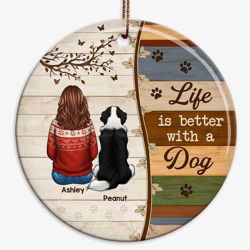 Life Is Better With Dogs Wood Branch Christmas Personalized Circle Ornament