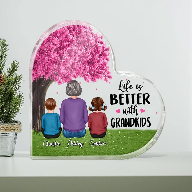 Life Is Better With Grandkids Under Tree Personalized Personalized Acrylic Heart Plaque - Image 2