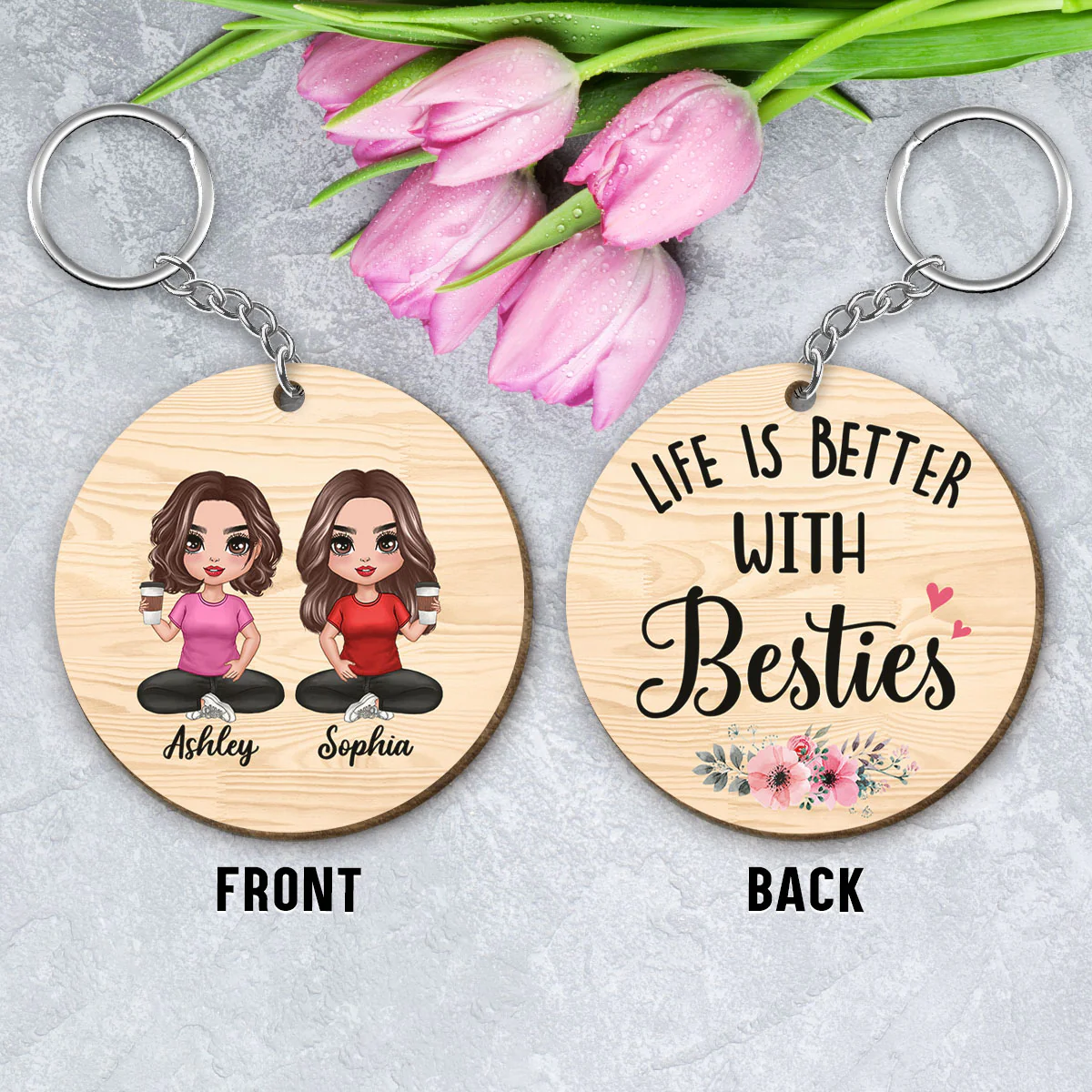 Life Is Better With Sisters Besties Doll Women Sitting Personalized Wooden Keychain - Image 4