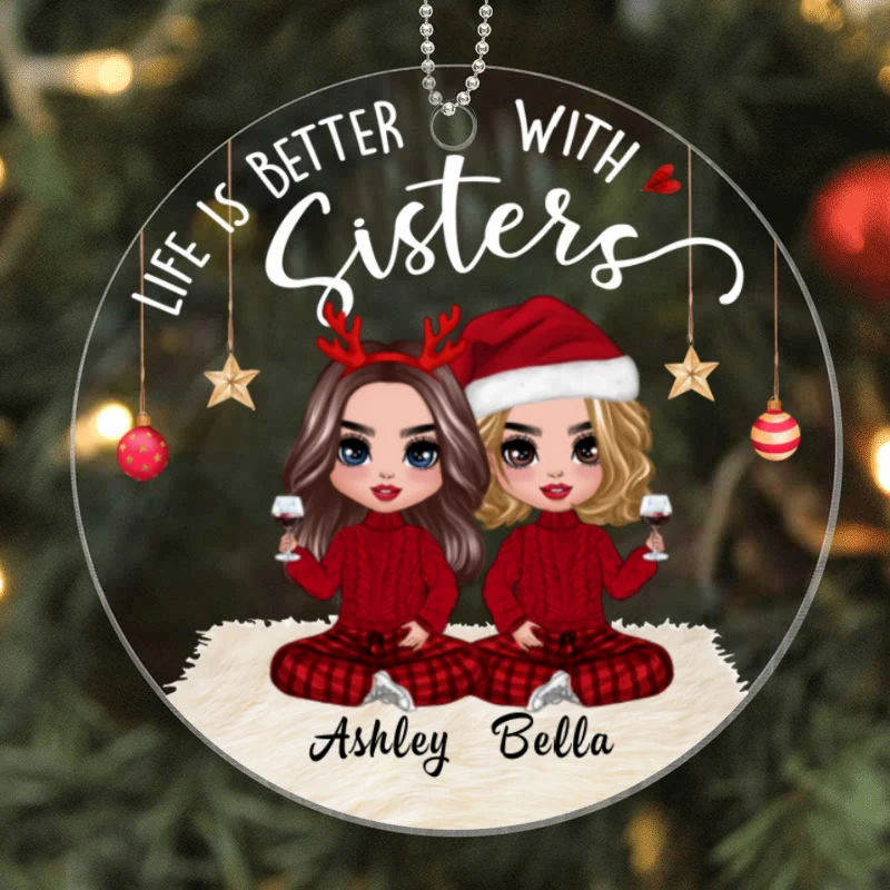 Life Is Better With Sisters Doll Sisters Christmas Checkered Pants Personalized Acrylic Ornament - Image 4