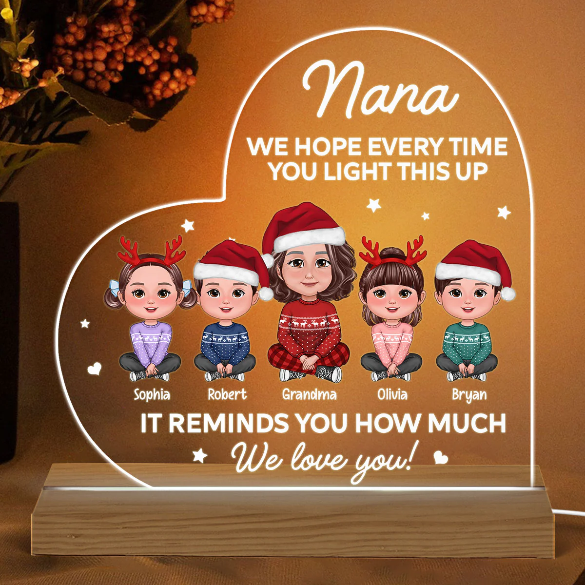 Light This Up Grandma Grandkids Crossed Legs Christmas Gift For Grandma Personalized Heart Acrylic Plaque With LED Night Light - Image 2