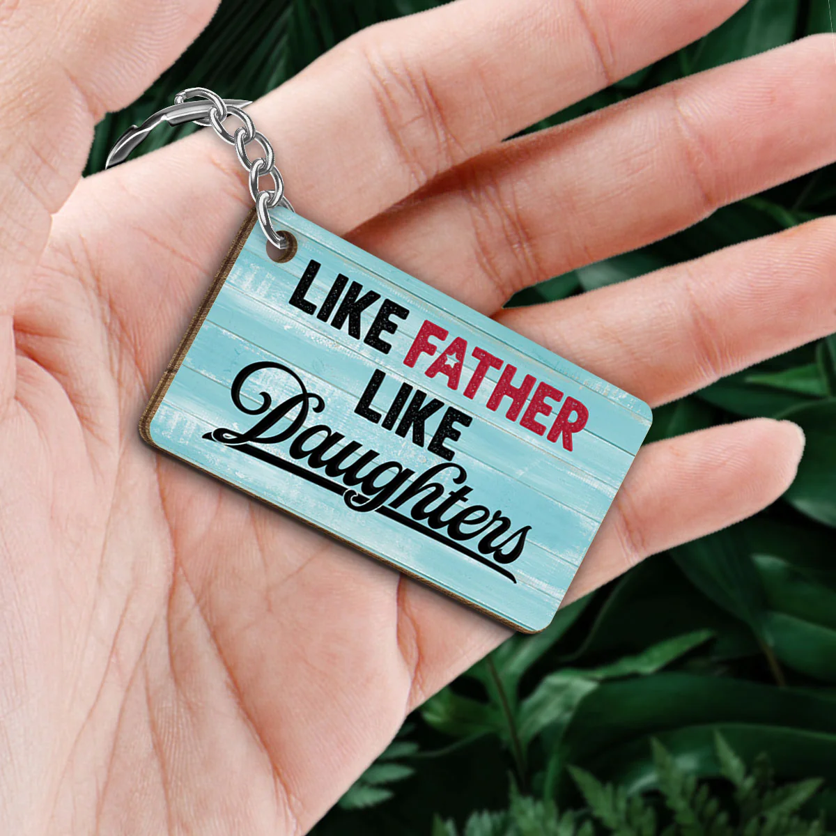 Like Father Like Daughter Blue Background Personalized Wooden Keychain - Image 2