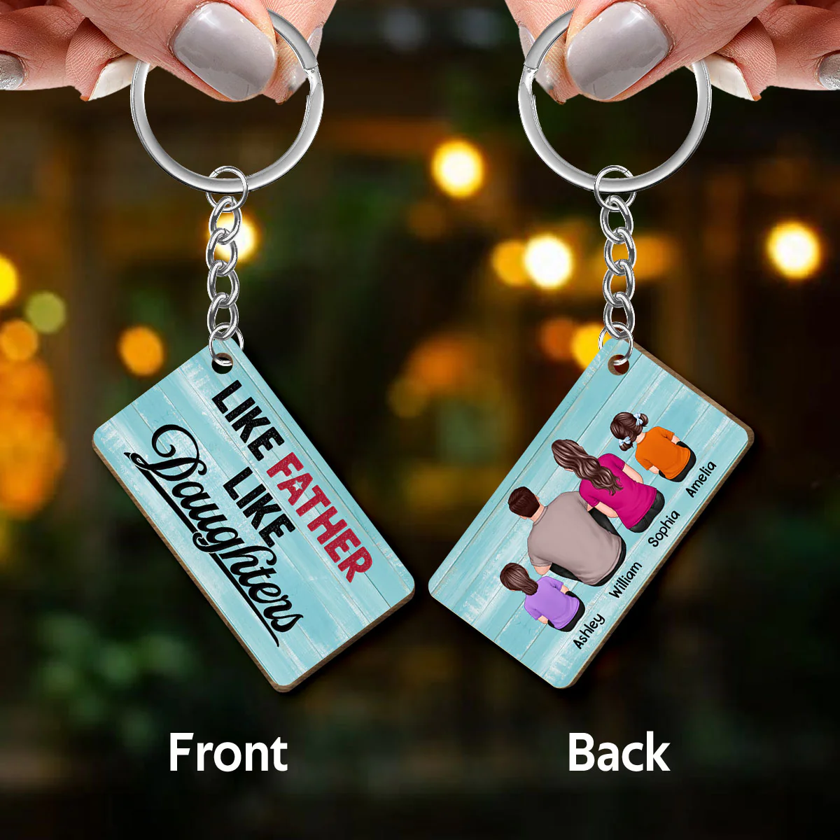 Like Father Like Daughter Blue Background Personalized Wooden Keychain - Image 3