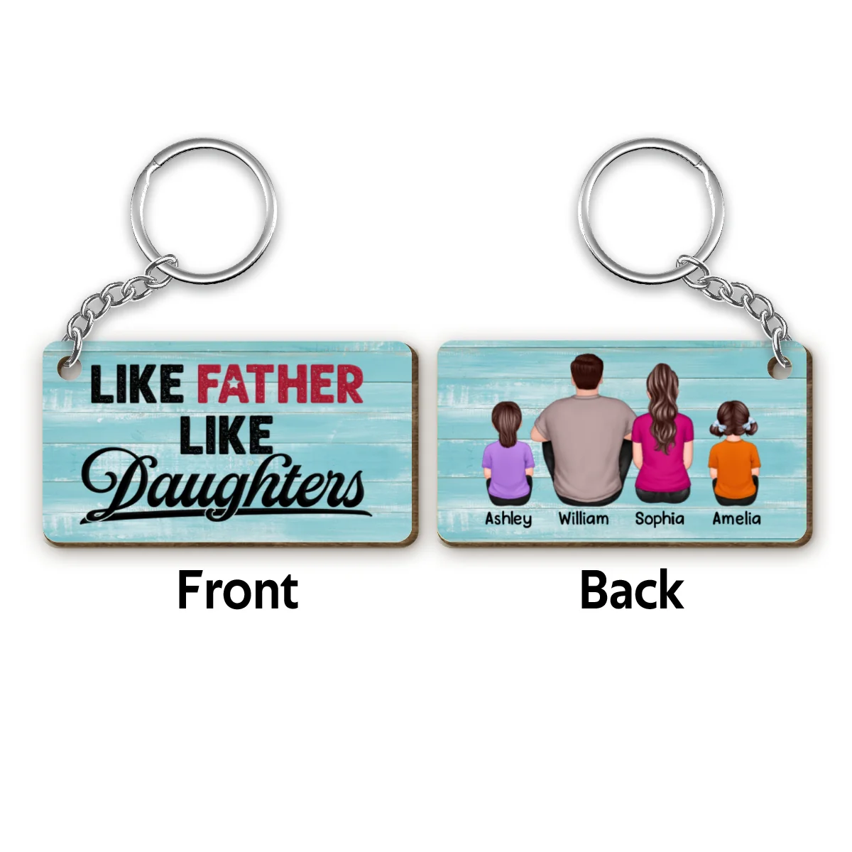 Like Father Like Daughter Blue Background Personalized Wooden Keychain - Image 4