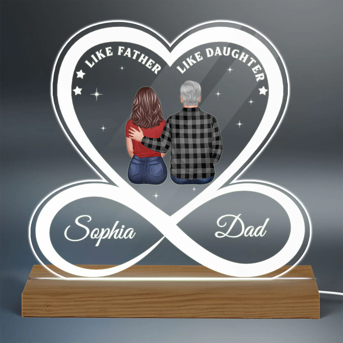 Like Father Like Daughter Son Back View Dad And Daughter Son Standing Infinity Heart Personalized Custom Shape Acrylic Plaque Warm LED Night Light - Image 3