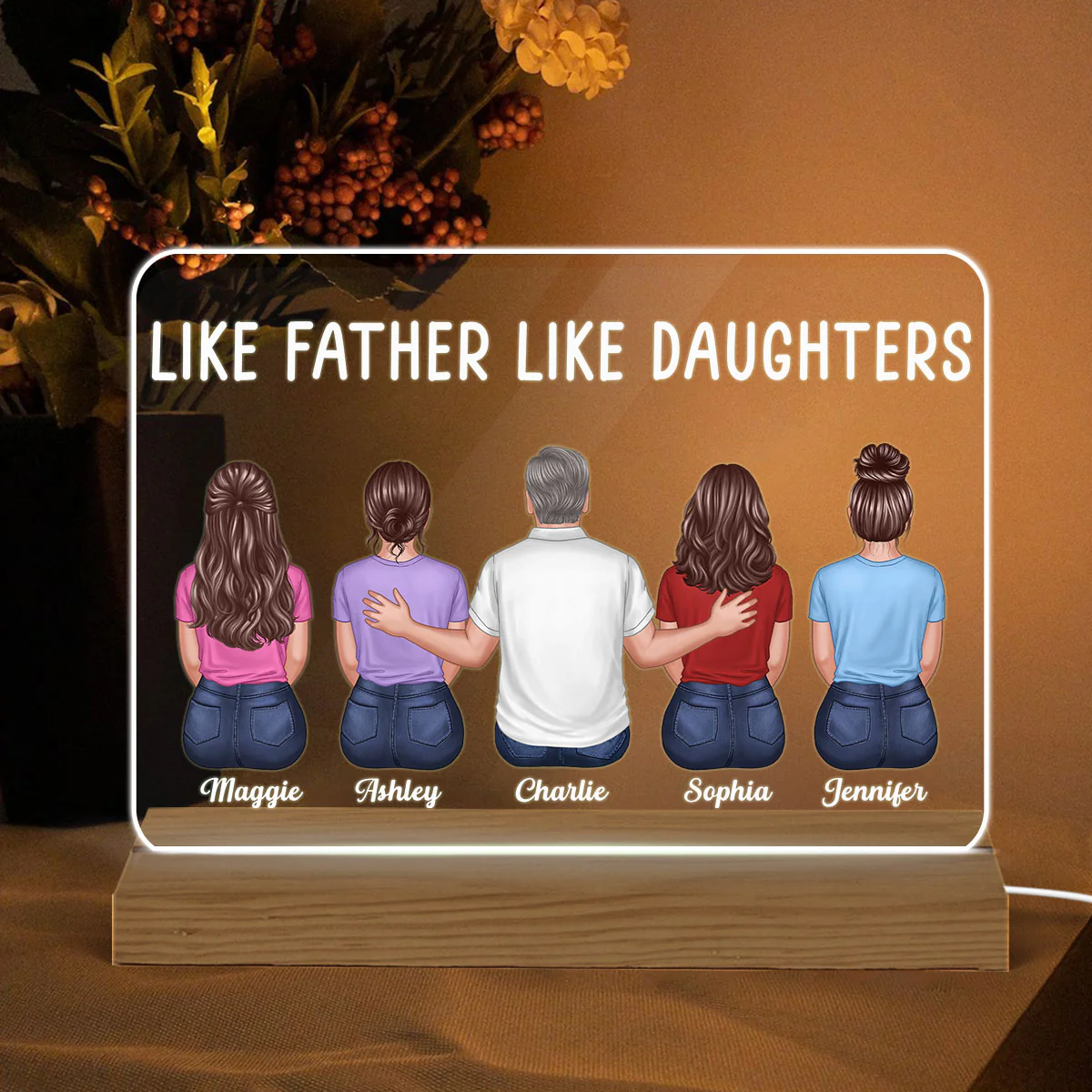 Like Father Like Daughter Son Back View Dad And Daughters Sons Sitting Personalized Custom Shape Acrylic Plaque Warm LED Night Light - Image 2