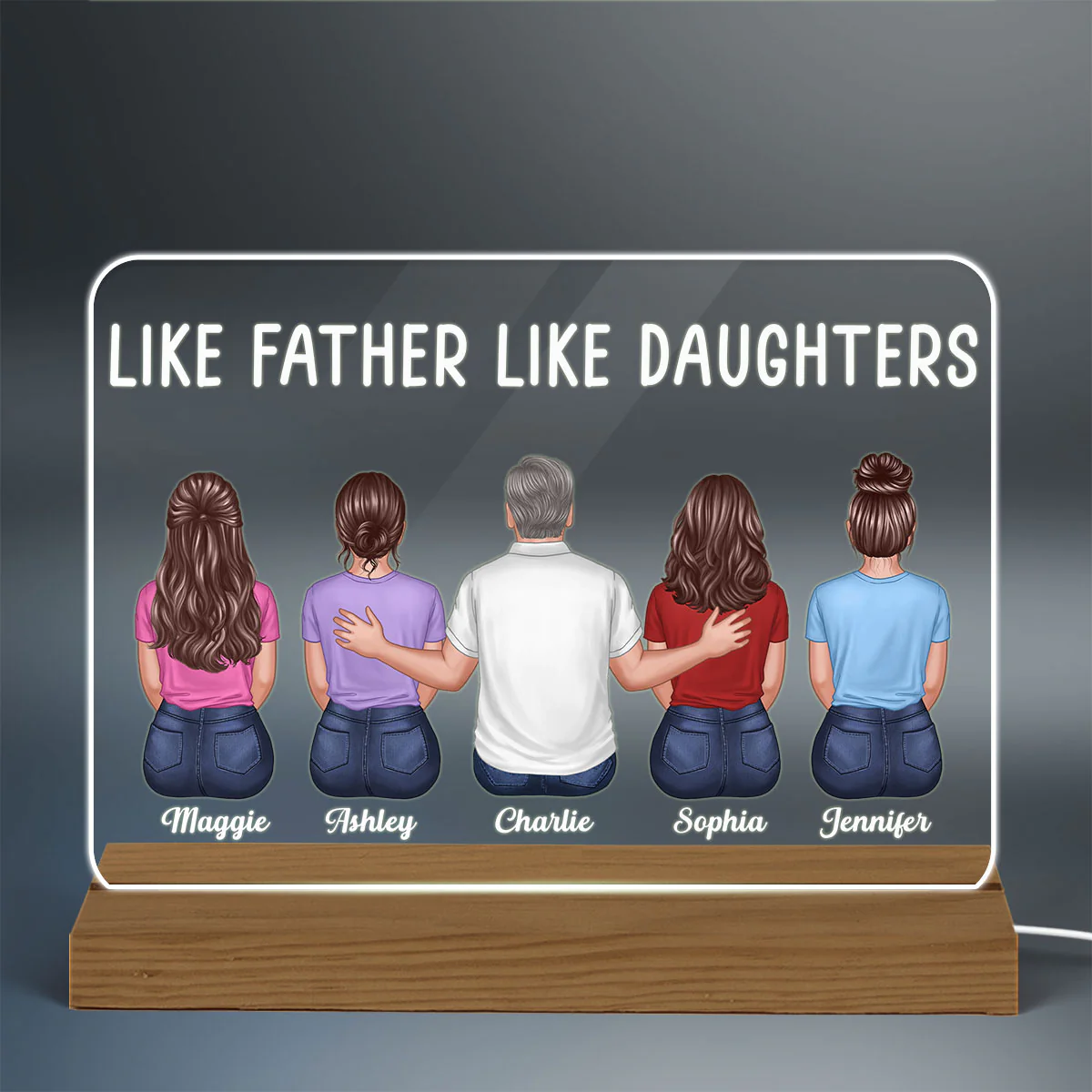 Like Father Like Daughter Son Back View Dad And Daughters Sons Sitting Personalized Custom Shape Acrylic Plaque Warm LED Night Light - Image 3