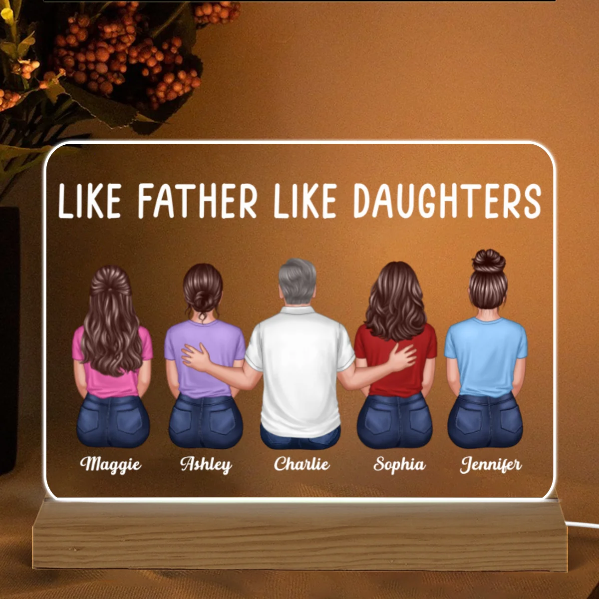 Like Father Like Daughter Son Back View Dad And Daughters Sons Sitting Personalized Custom Shape Acrylic Plaque Warm LED Night Light - Image 4