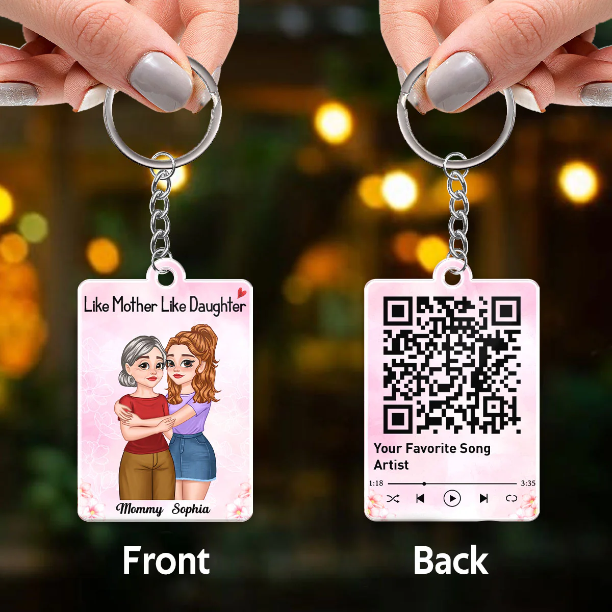 Like Mother Like Daughter Cartoon Hugging Mom Daughter Favorite Song QR Code Personalized Acrylic Keychain - Image 3