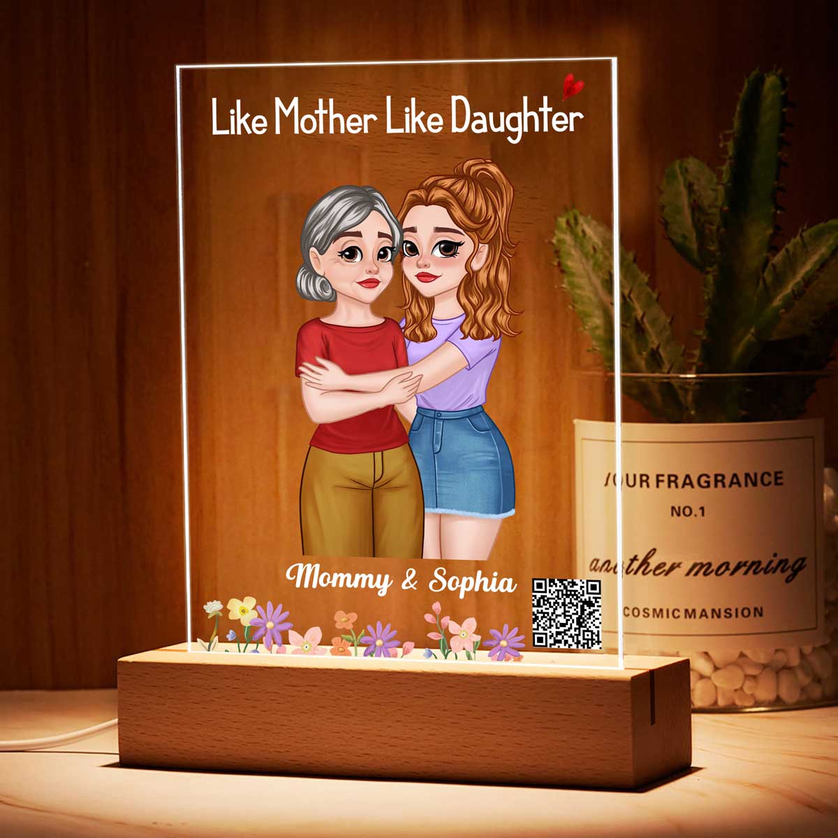 Like Mother Like Daughter Cartoon Hugging Mom Daughter Favorite Song QR Code Personalized Rectangle Acrylic Plaque With LED Night Light - Image 3