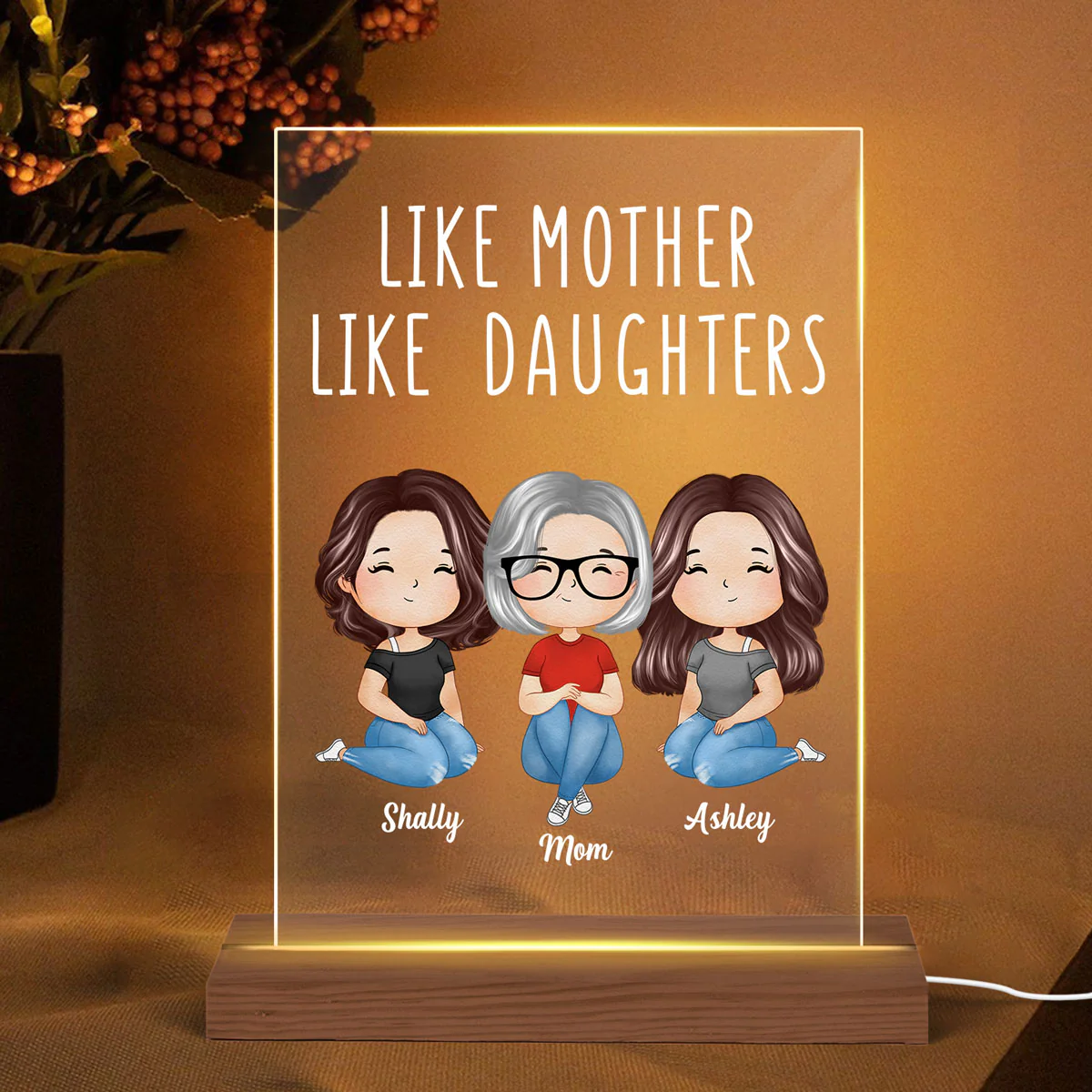 Like Mother Like Daughter Doll Woman Sitting Watercolor Style Personalized LED Night Light