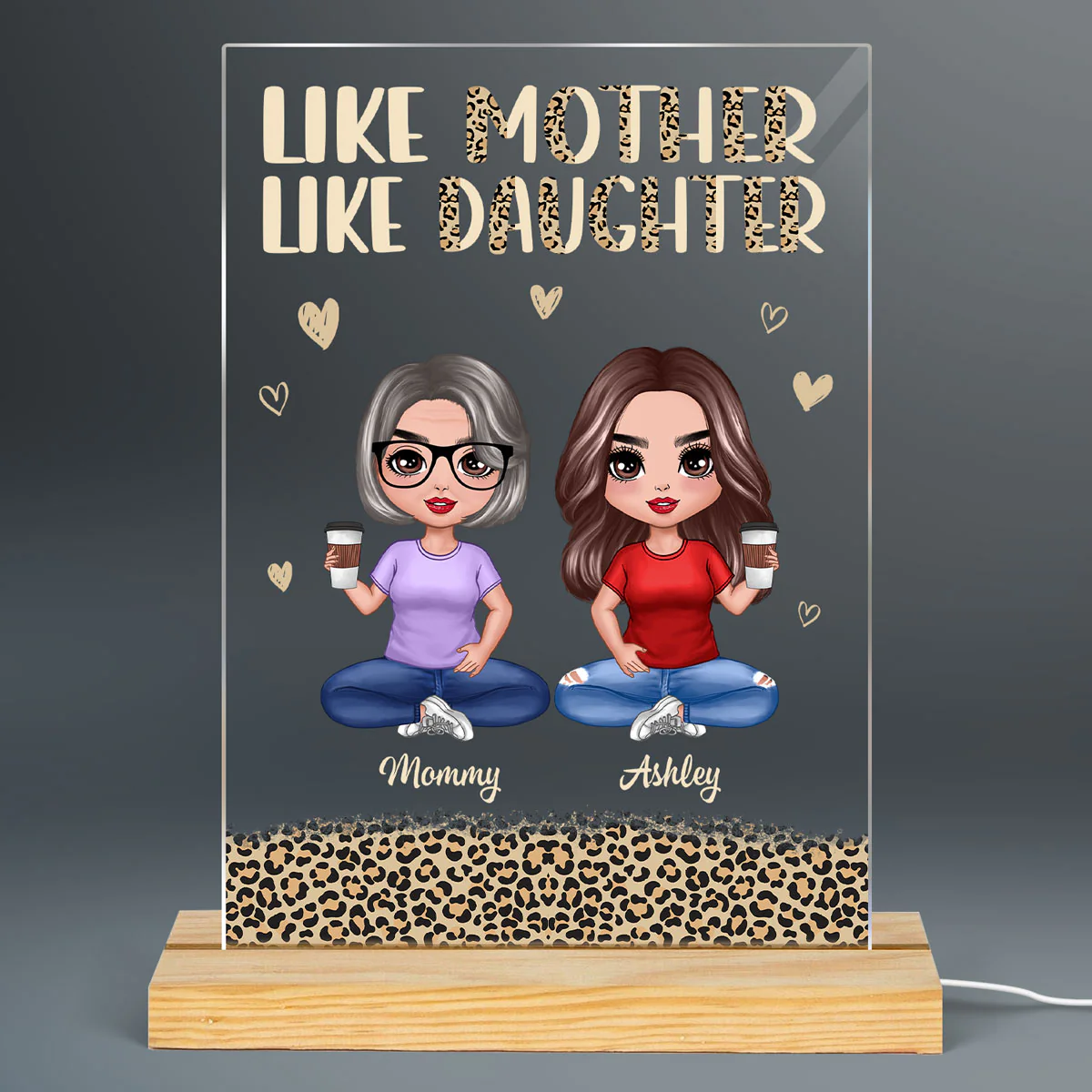 Like Mother Like Daughter Leopard Doll Mom And Daughters Personalized Rectangle Acrylic Plaque With LED Night Light - Image 2