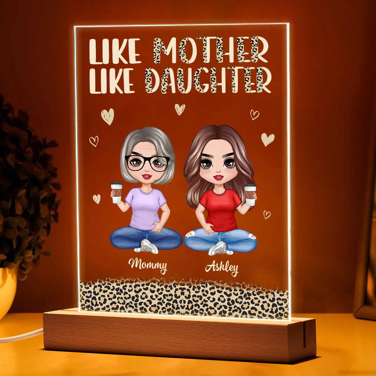 Like Mother Like Daughter Leopard Doll Mom And Daughters Personalized Rectangle Acrylic Plaque With LED Night Light - Image 3