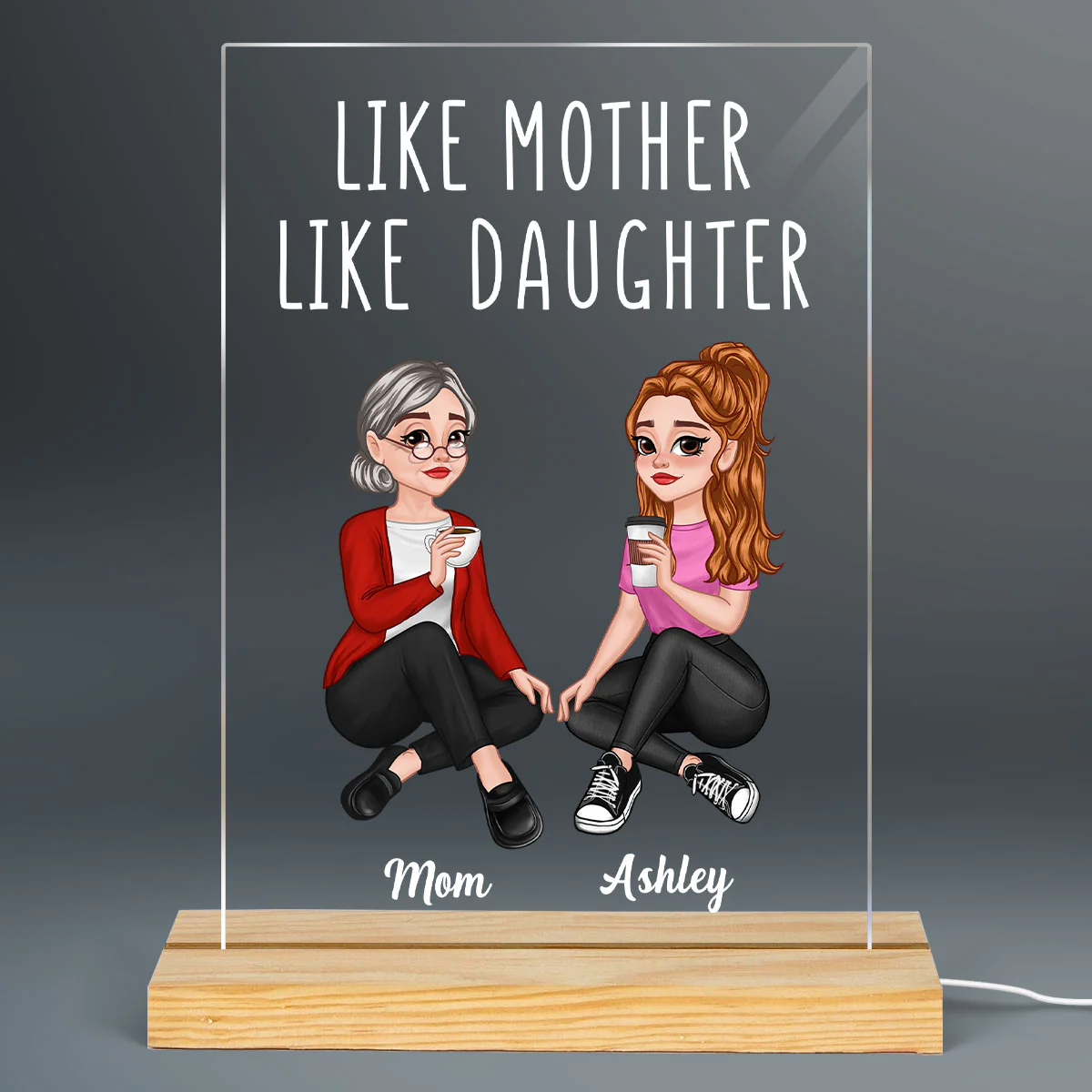 Like Mother Like Daughter Pretty Cartoon Mom & Daughter Personalized Rectangle Acrylic Plaque With LED Night Light - Image 2