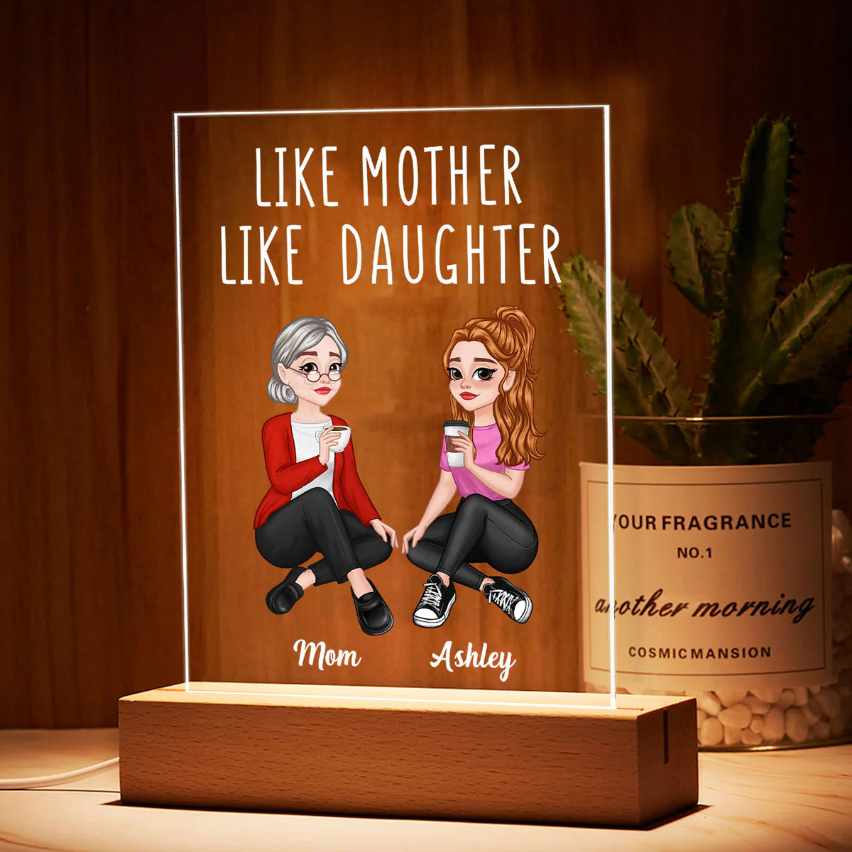 Like Mother Like Daughter Pretty Cartoon Mom & Daughter Personalized Rectangle Acrylic Plaque With LED Night Light - Image 3