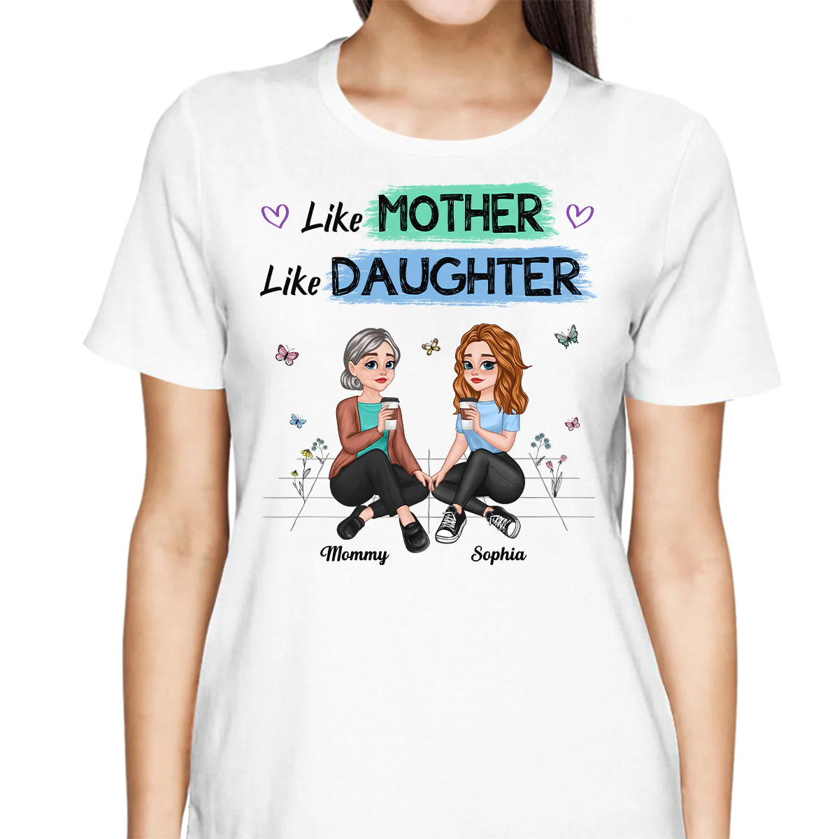 Like Mother Like Daughter Pretty Cartoon Mom Daughter Sitting Personalized Shirt - Image 2