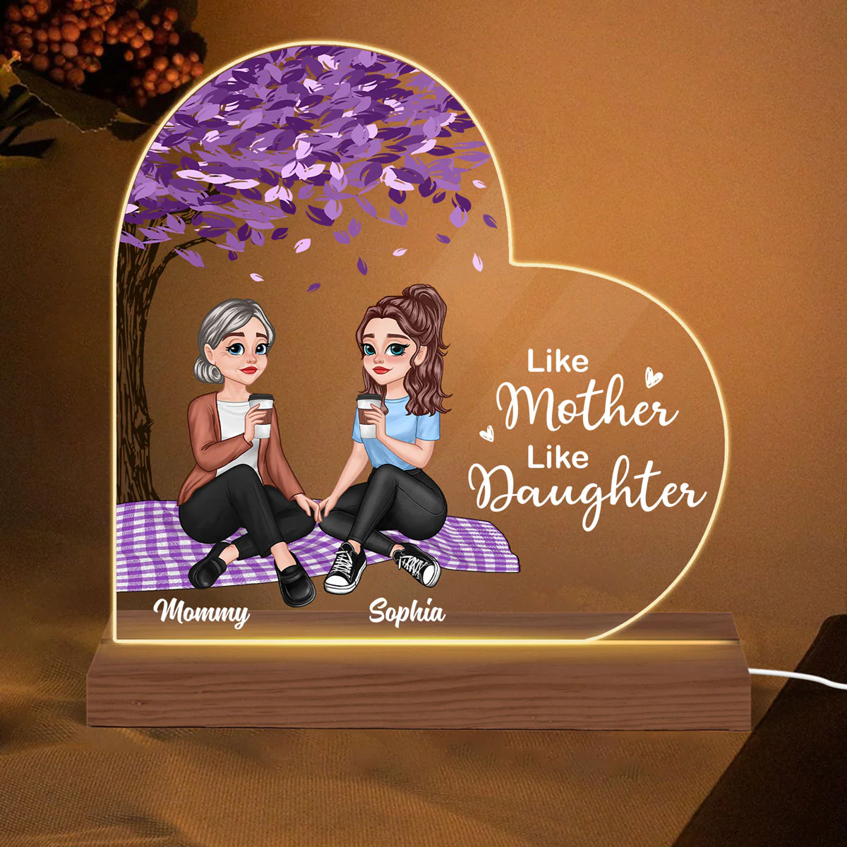 Like Mother Like Daughter Pretty Cartoon Mom Daughter Under Tree Personalized Heart Shaped Acrylic Plaque With LED Night Light - Image 2