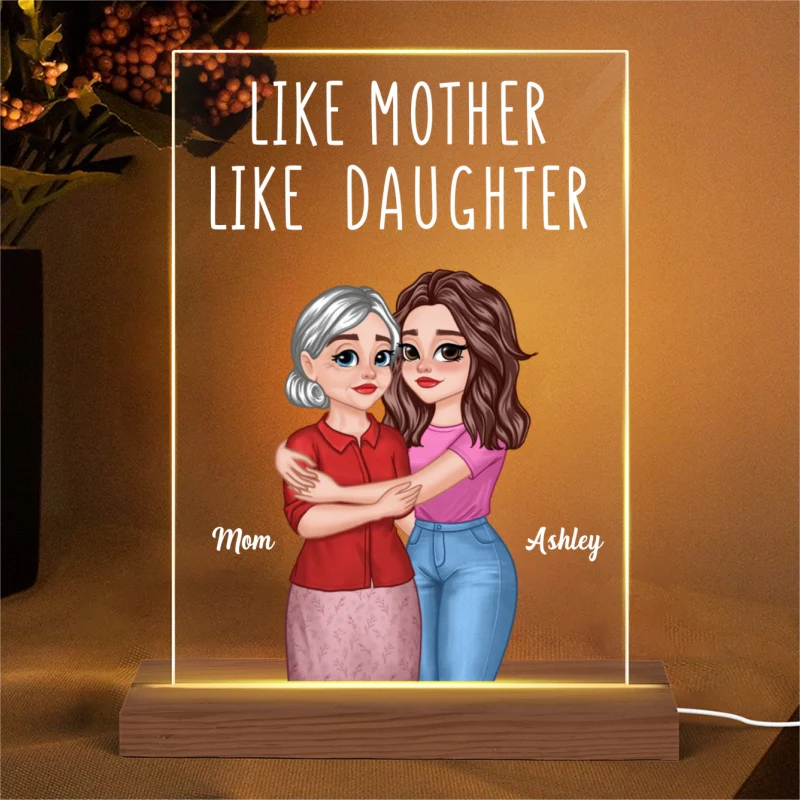 Like Mother Like Daughters Cartoon Hugging Mom Daughters Personalized Rectangle Acrylic Plaque With LED Night Light - Image 4