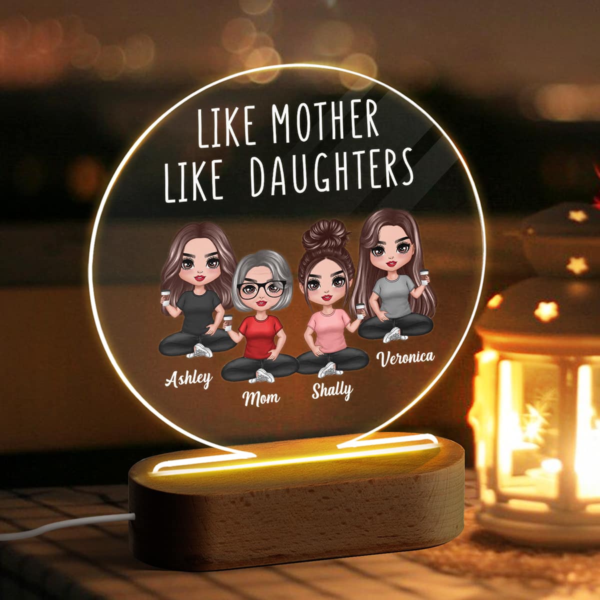 Like Mother Like Daughters Doll Mom And Daughters Sitting Gift For Mom Daughters Personalized Circle Acrylic Plaque LED Night Light - Image 3