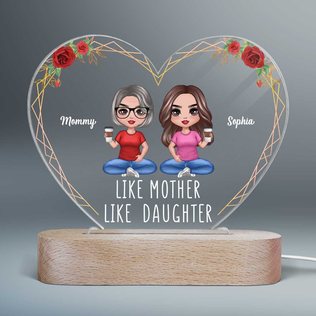 Like Mother Like Daughters Doll Mom And Daughters Sitting Gift For Mom Daughters Personalized Heart Acrylic Plaque LED Night Light - Image 2