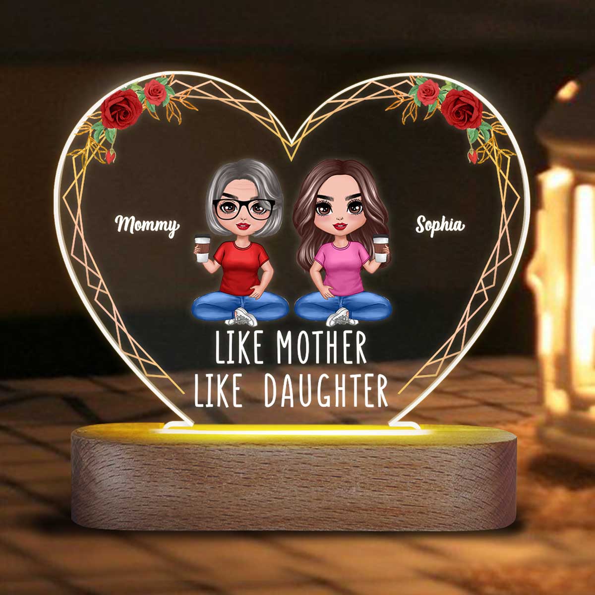 Like Mother Like Daughters Doll Mom And Daughters Sitting Gift For Mom Daughters Personalized Heart Acrylic Plaque LED Night Light - Image 3