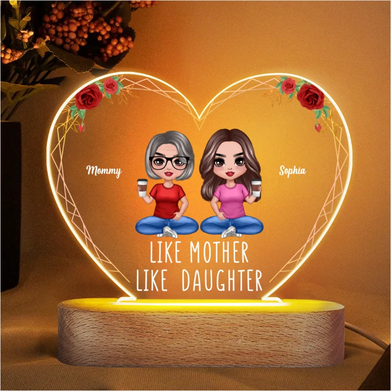 Like Mother Like Daughters Doll Mom And Daughters Sitting Gift For Mom Daughters Personalized Heart Acrylic Plaque LED Night Light - Image 4