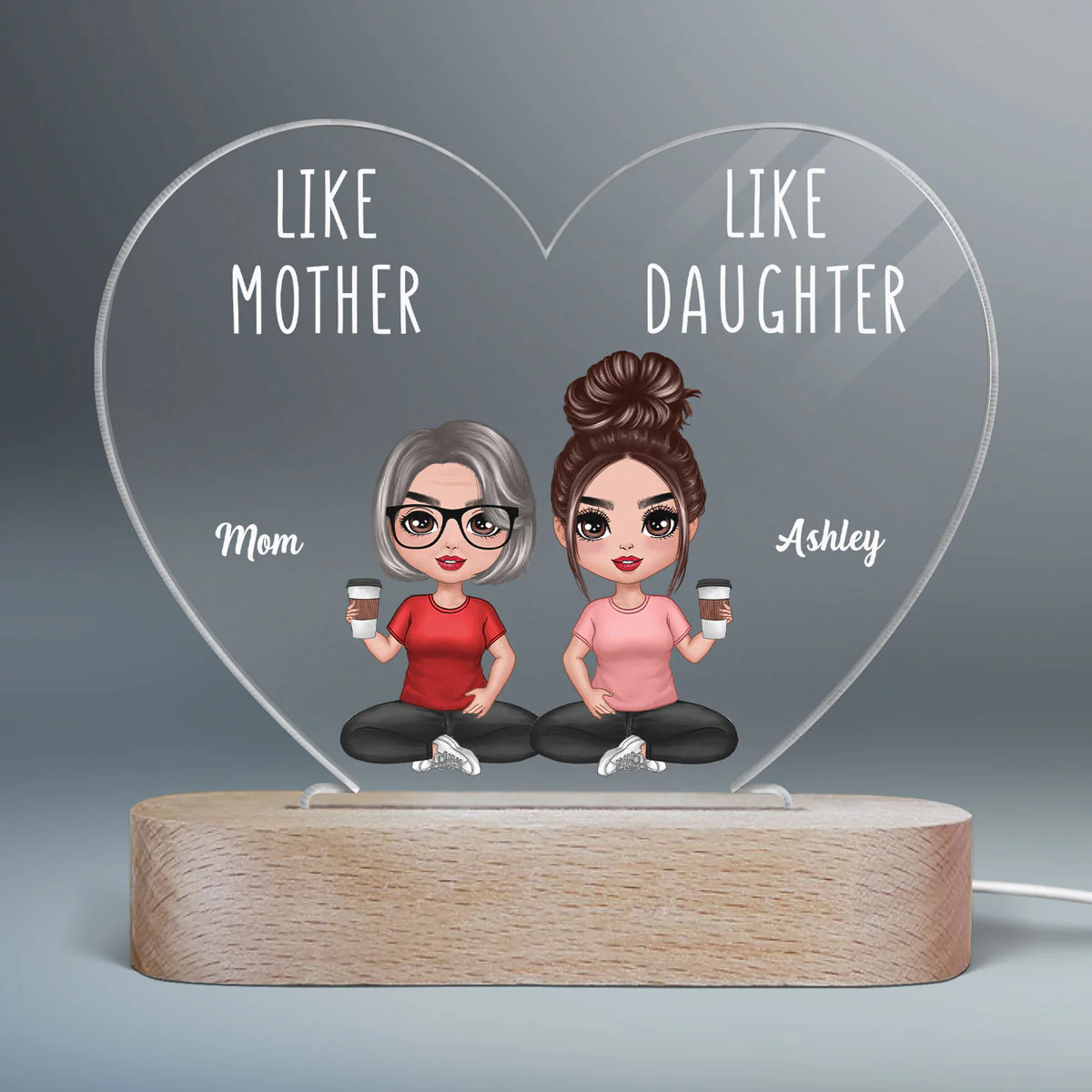 Like Mother Like Daughters Doll Mom And Daughters Sitting Gift For Mom Daughters Personalized Heart Plaque LED Night Light - Image 2