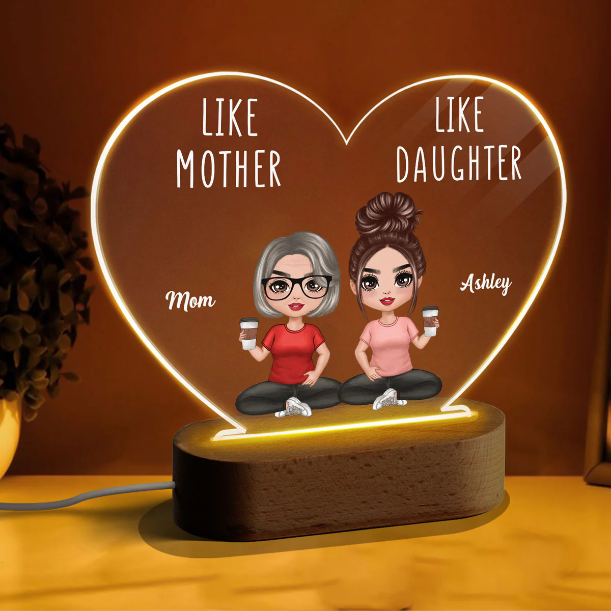 Like Mother Like Daughters Doll Mom And Daughters Sitting Gift For Mom Daughters Personalized Heart Plaque LED Night Light - Image 3