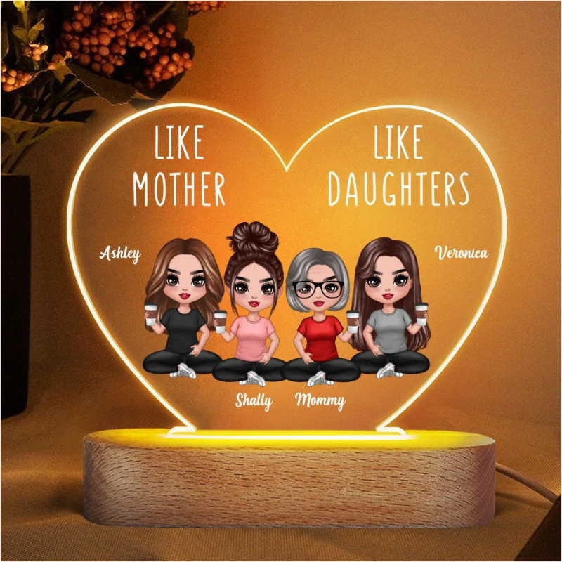 Like Mother Like Daughters Doll Mom And Daughters Sitting Gift For Mom Daughters Personalized Heart Plaque LED Night Light - Image 4