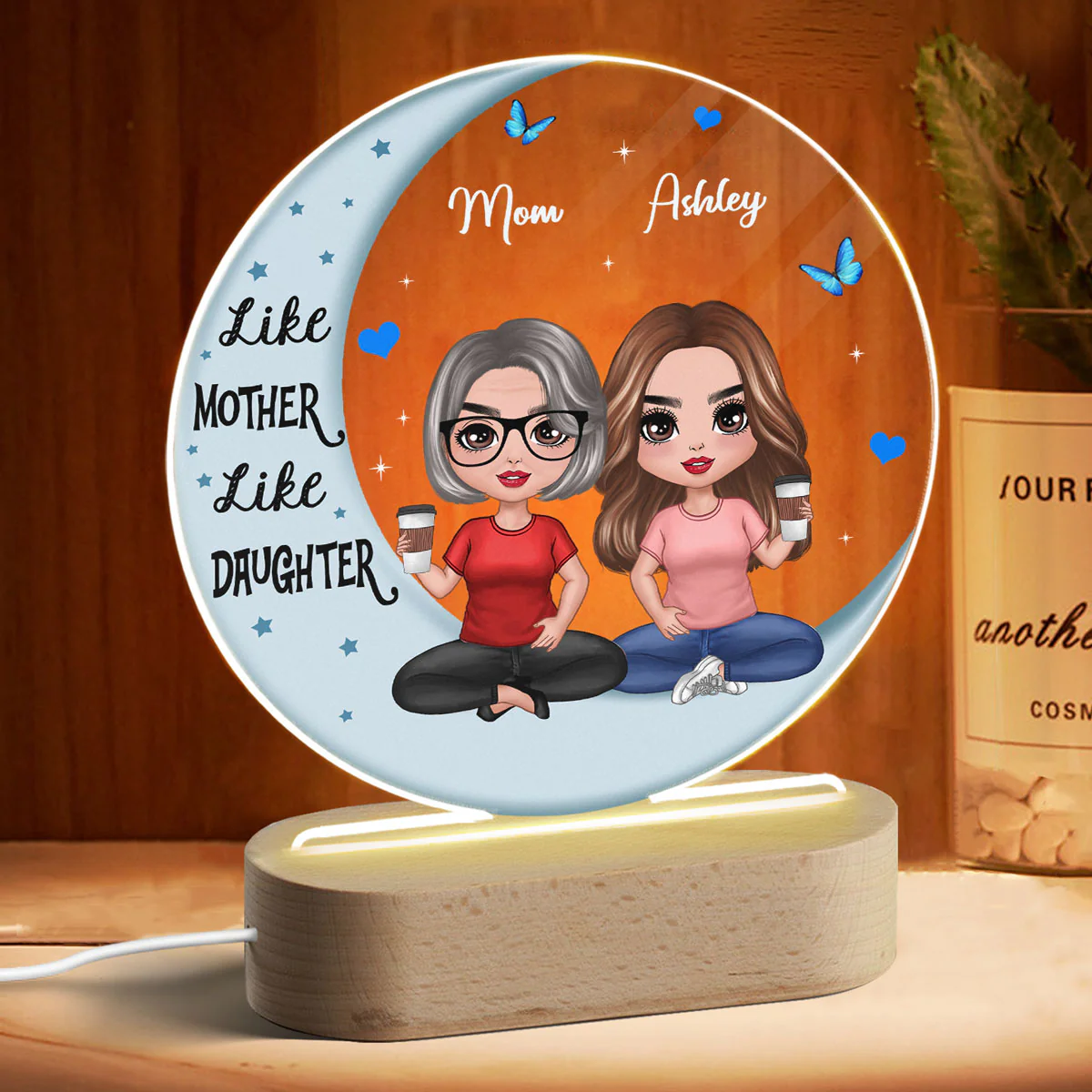 Like Mother Like Daughters Doll Mom And Daughters Sitting On Moon Personalized Circle Acrylic Plaque LED Night Light - Image 3