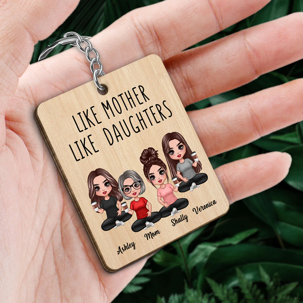 Like Mother Like Daughters Doll Mom And Daughters Sitting Personalized Wooden Keychain - Image 2