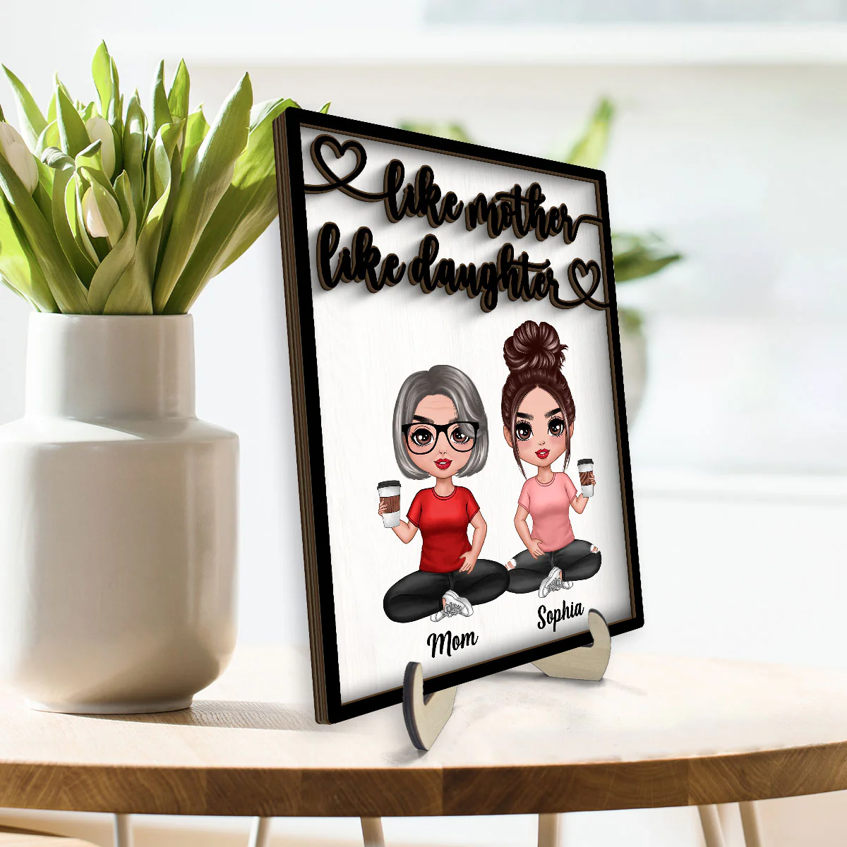 Like Mother Like Daughters Doll Mom And Daughters Sitting Personalized 2-Layer Wooden Plaque - Image 3