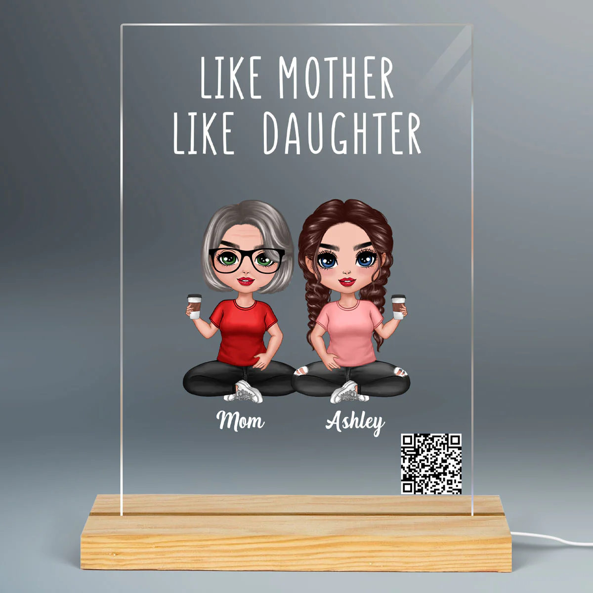 Like Mother Like Daughters Doll Mom And Daughters Sitting Scannable QR Code Gift For Mom Personalized Rectangle Acrylic Plaque With LED Night Light - Image 2