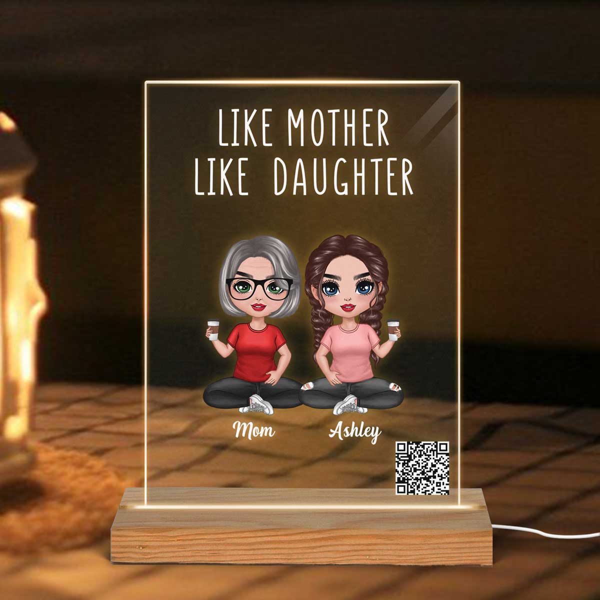 Like Mother Like Daughters Doll Mom And Daughters Sitting Scannable QR Code Gift For Mom Personalized Rectangle Acrylic Plaque With LED Night Light - Image 3