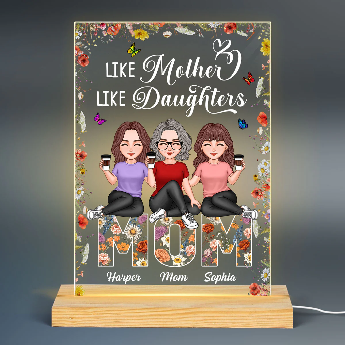 Like Mother Like Daughters Vintage Flowers Word Personalized Rectangle Acrylic Plaque LED Night Light - Image 2