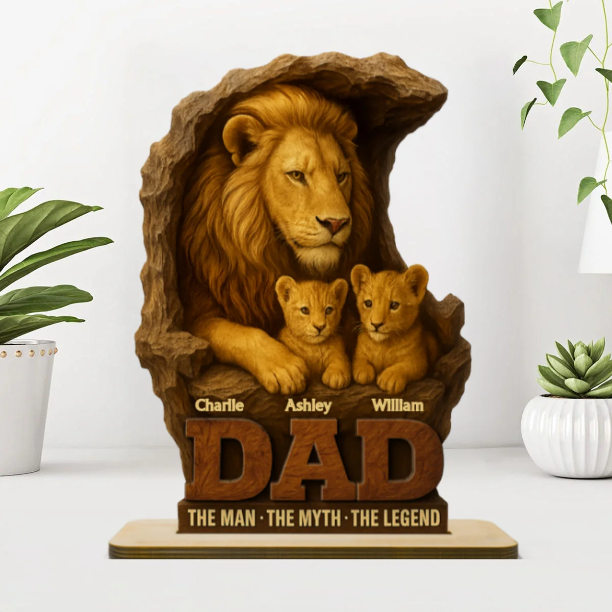 Lion Dad And Kids Personalized 2- Layer Standing Wooden Plaque, Unique Gift For Dad - Image 11