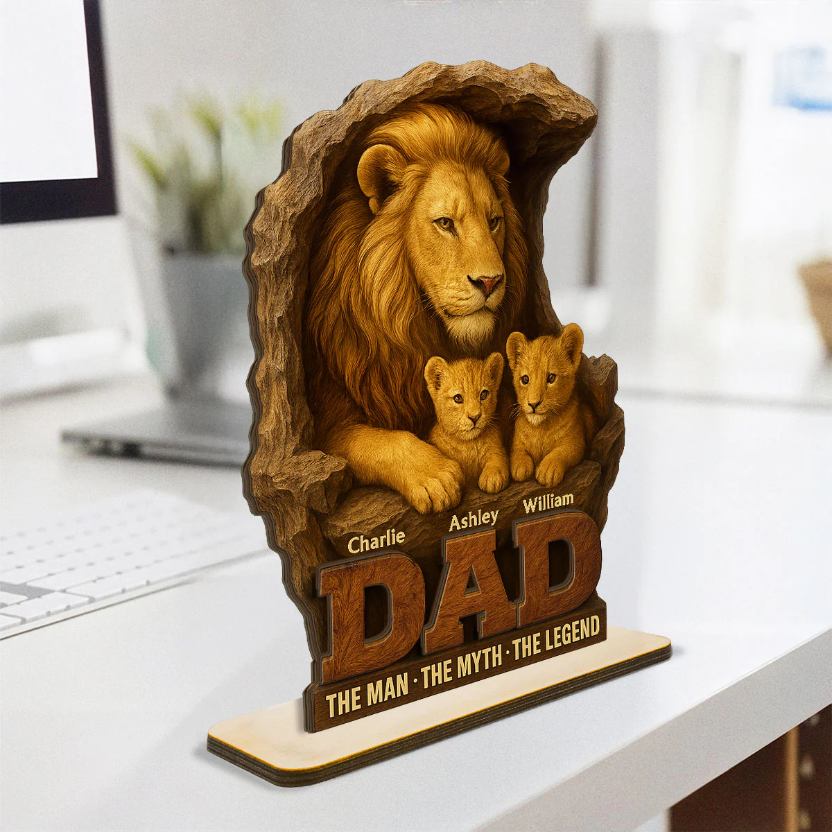 Lion Dad And Kids Personalized 2- Layer Standing Wooden Plaque, Unique Gift For Dad - Image 2
