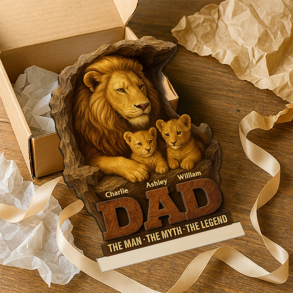 Lion Dad And Kids Personalized 2- Layer Standing Wooden Plaque, Unique Gift For Dad - Image 3