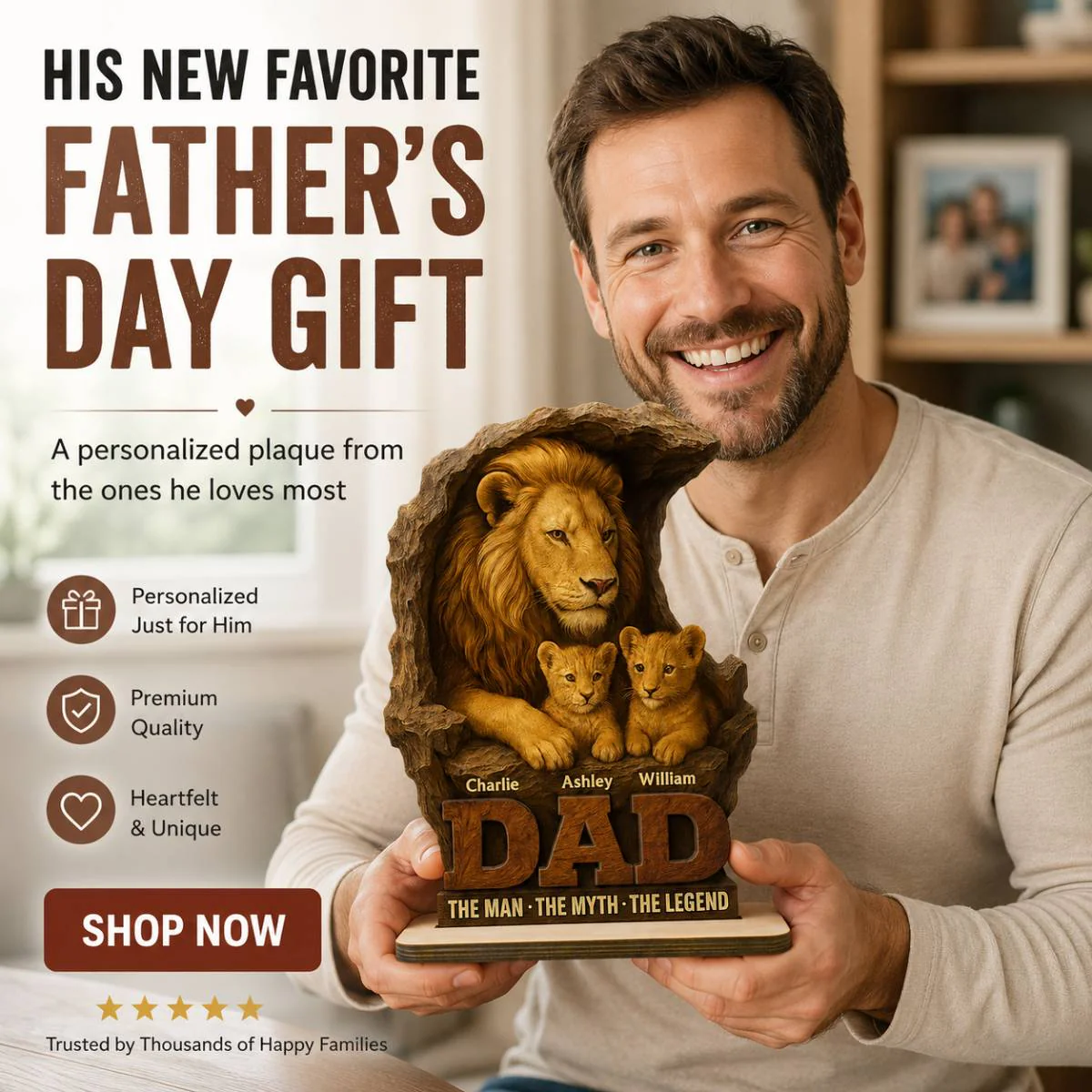 Lion Dad And Kids Personalized 2- Layer Standing Wooden Plaque, Unique Gift For Dad - Image 4