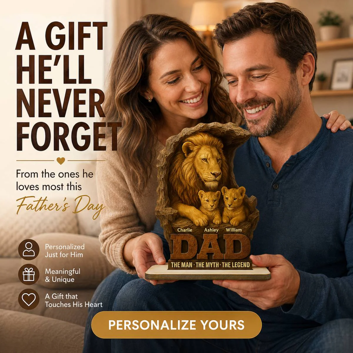 Lion Dad And Kids Personalized 2- Layer Standing Wooden Plaque, Unique Gift For Dad - Image 5