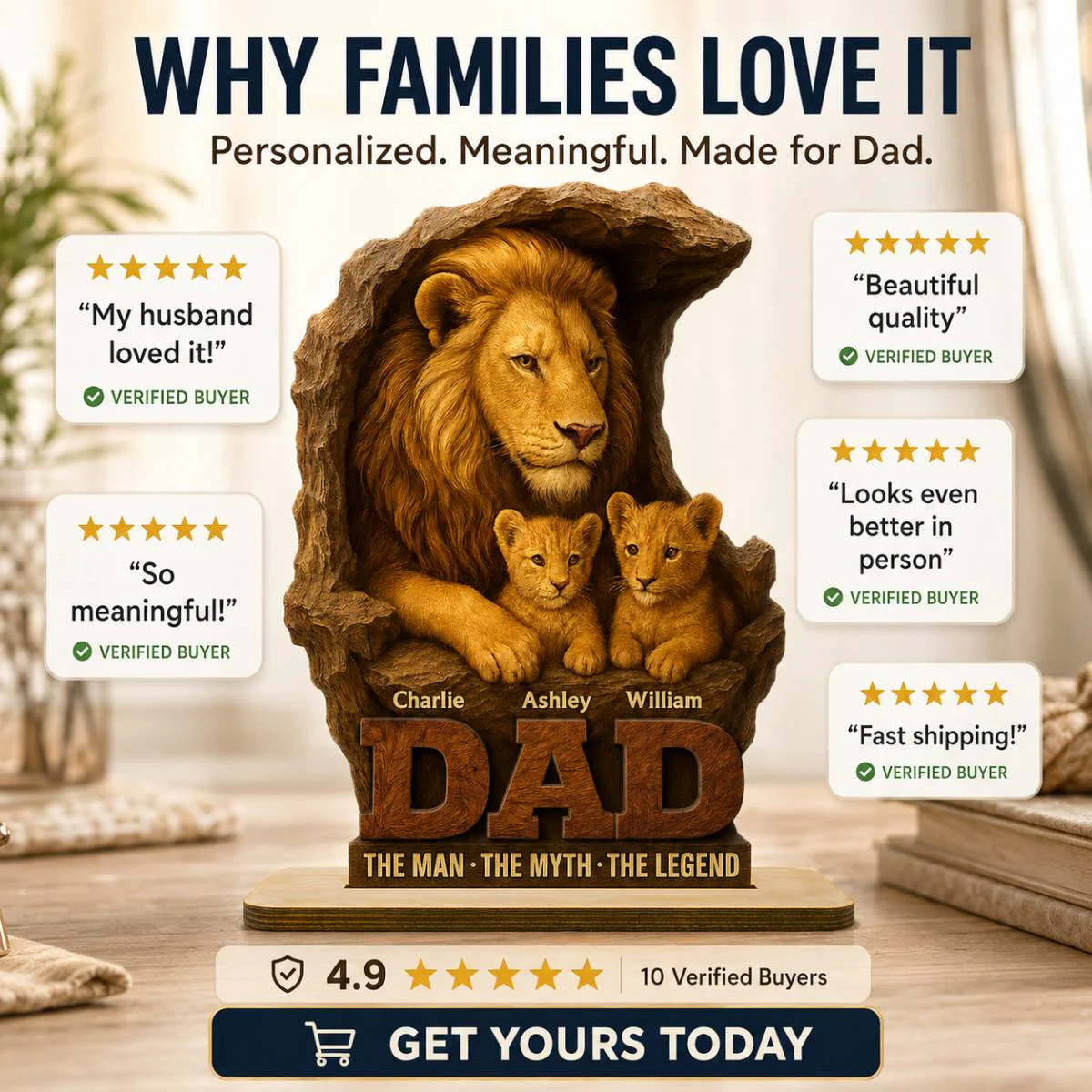 Lion Dad And Kids Personalized 2- Layer Standing Wooden Plaque, Unique Gift For Dad - Image 6