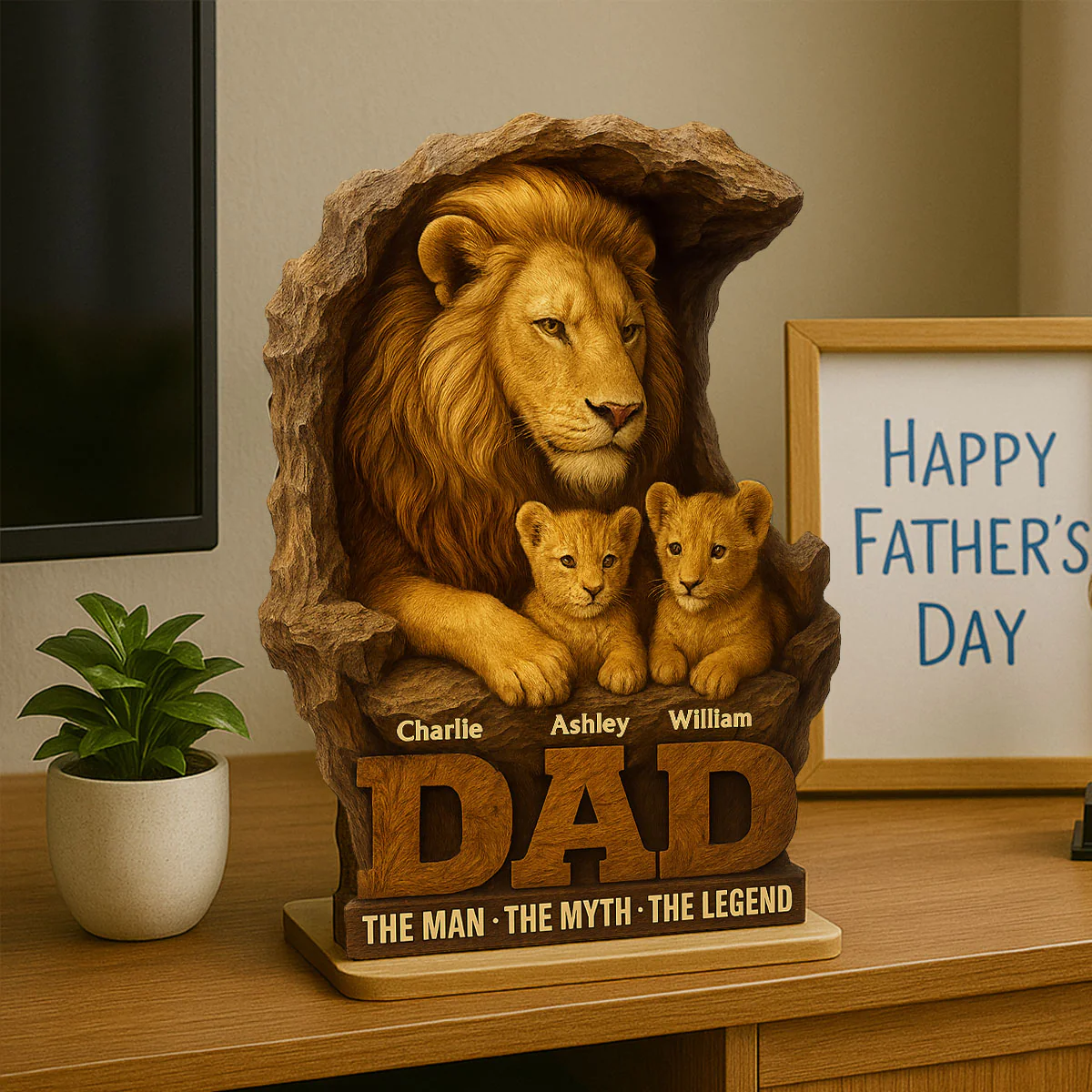 Lion Dad And Kids Personalized 2- Layer Standing Wooden Plaque, Unique Gift For Dad - Image 8