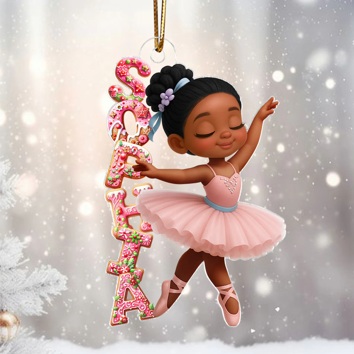 Little Girl Balletina Dance Custom Name Pink Gingerbread Pattern - Personalized Acrylic Ornament - Heartwarming Christmas Gift For Kid - Image 4