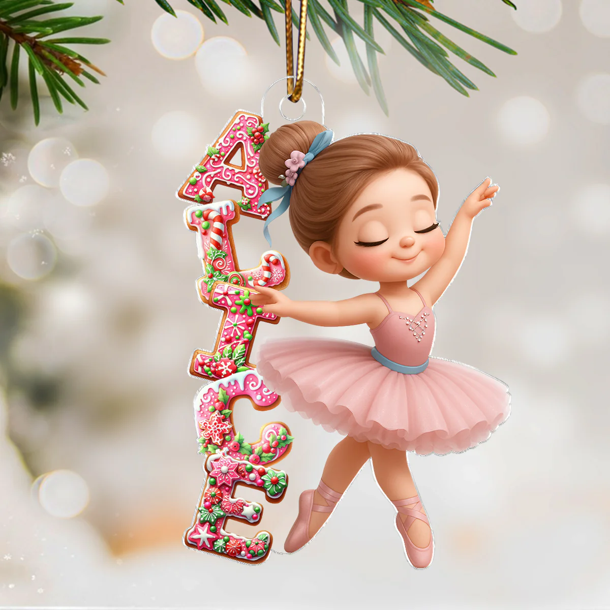 Little Girl Balletina Dance Custom Name Pink Gingerbread Pattern - Personalized Acrylic Ornament - Heartwarming Christmas Gift For Kid - Image 8
