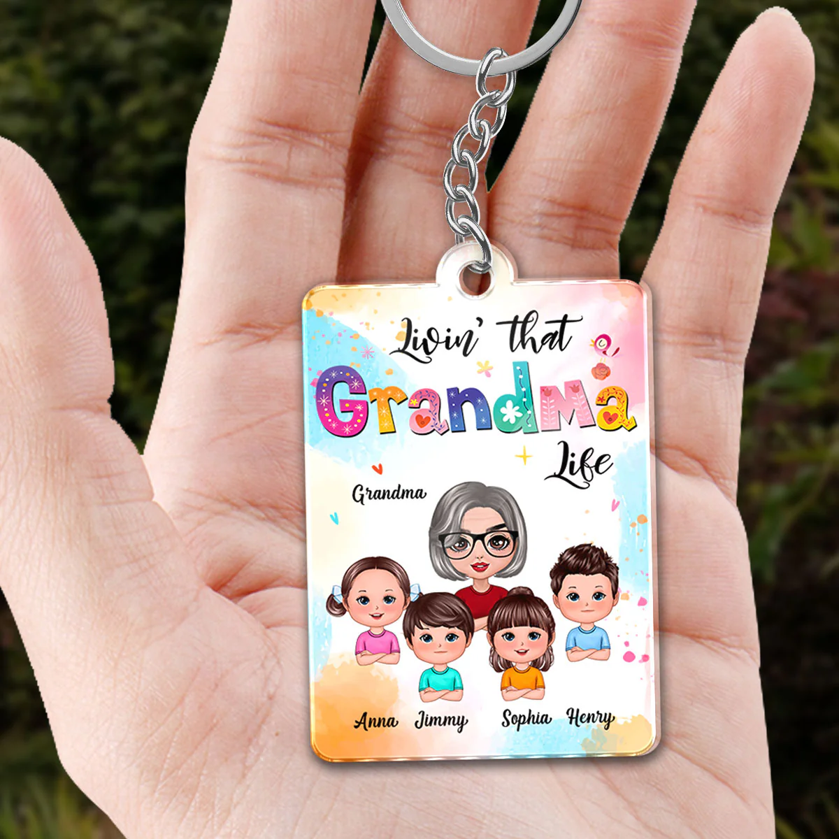 Livin‘ That Grandma Life Colorful Grandma & Grandkids Personalized Acrylic Keychain - Image 3