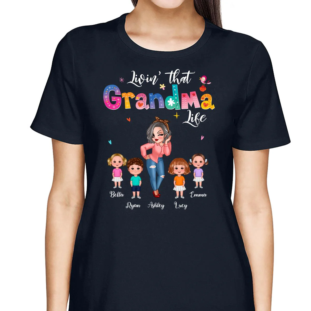 Livin‘ That Grandma Life Pretty Woman & Kids Gift For Grandma Personalized Dark Shirt - Image 2
