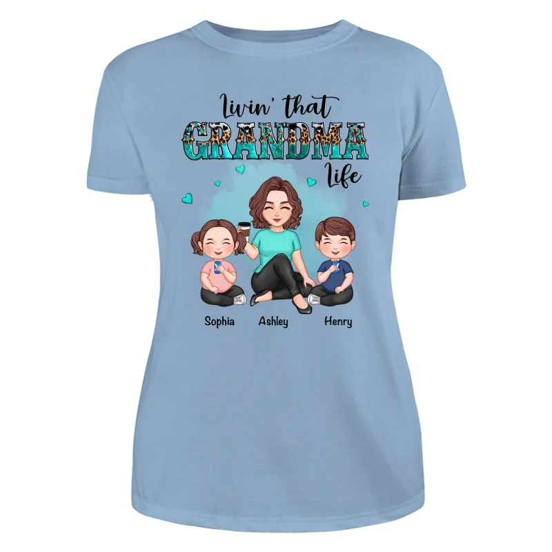 Livin‘ That Grandma Life Teal & Leopard Cute Grandkid & Grandma Personalized Shirt - Image 12
