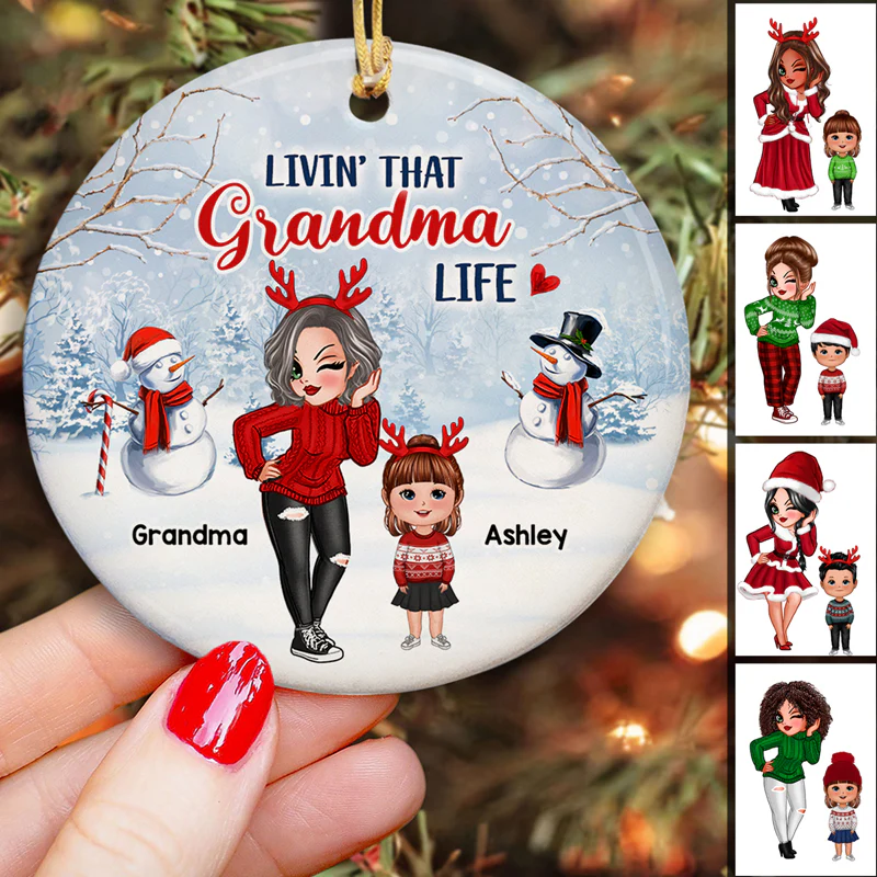 Livin‘ That Grandma Life With Grandkids Christmas Personalized Circle Ornament - Image 2