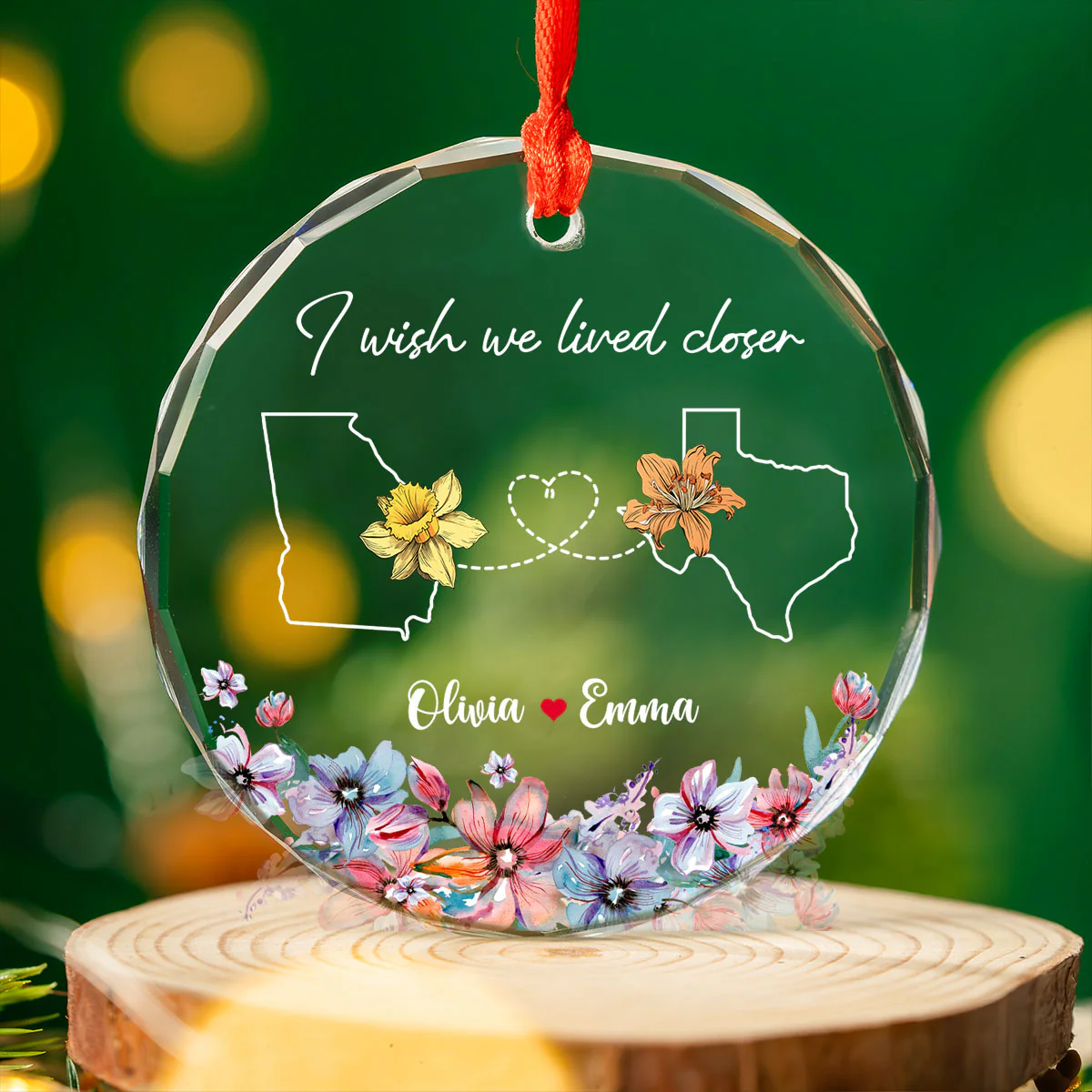 Long Distance Birth Month Flowers Besties Sisters Personalized Glass Ornament, Christmas Gift - Image 2