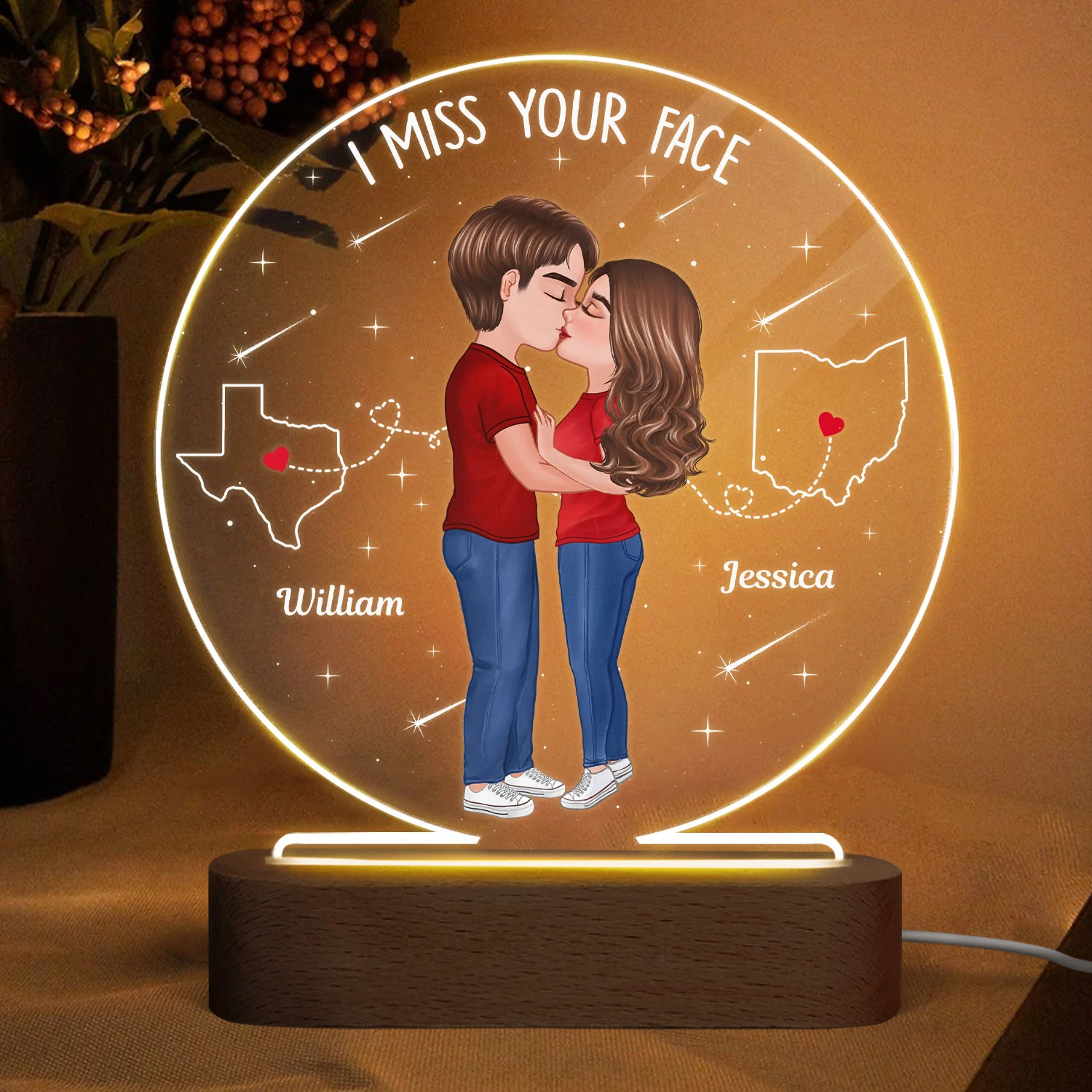Long Distance Couple Kising State Map Personalized Circle Acrylic LED Night Light - Image 2